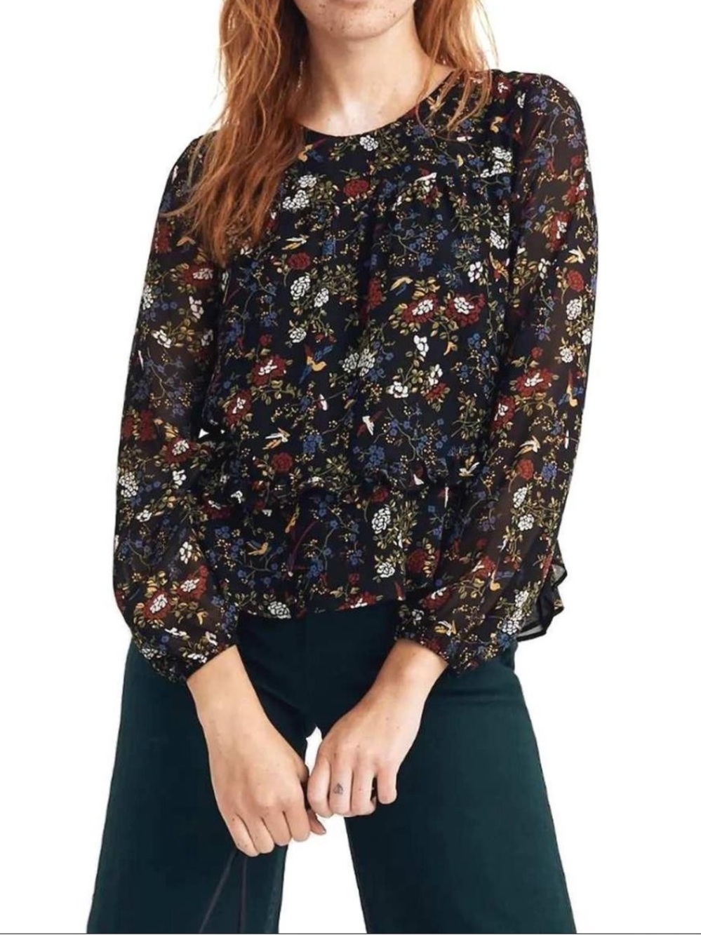 Floral Sheer Long-Sleeve Blouse - Black Floral